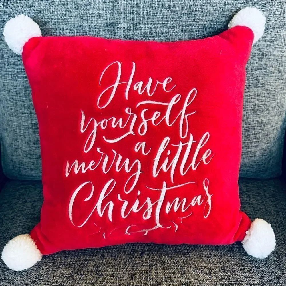 Merry Little Christmas Plush Red Holiday Throw Pillow